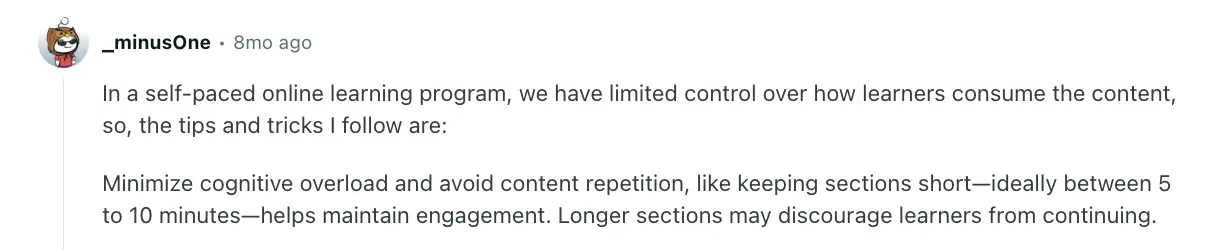 Comment offering tips on improving online course engagement by minimizing cognitive overload and keeping lessons short to maintain learner focus. Comment offering tips on improving online course engagement by minimizing cognitive overload and keeping lessons short to maintain learner focus.
