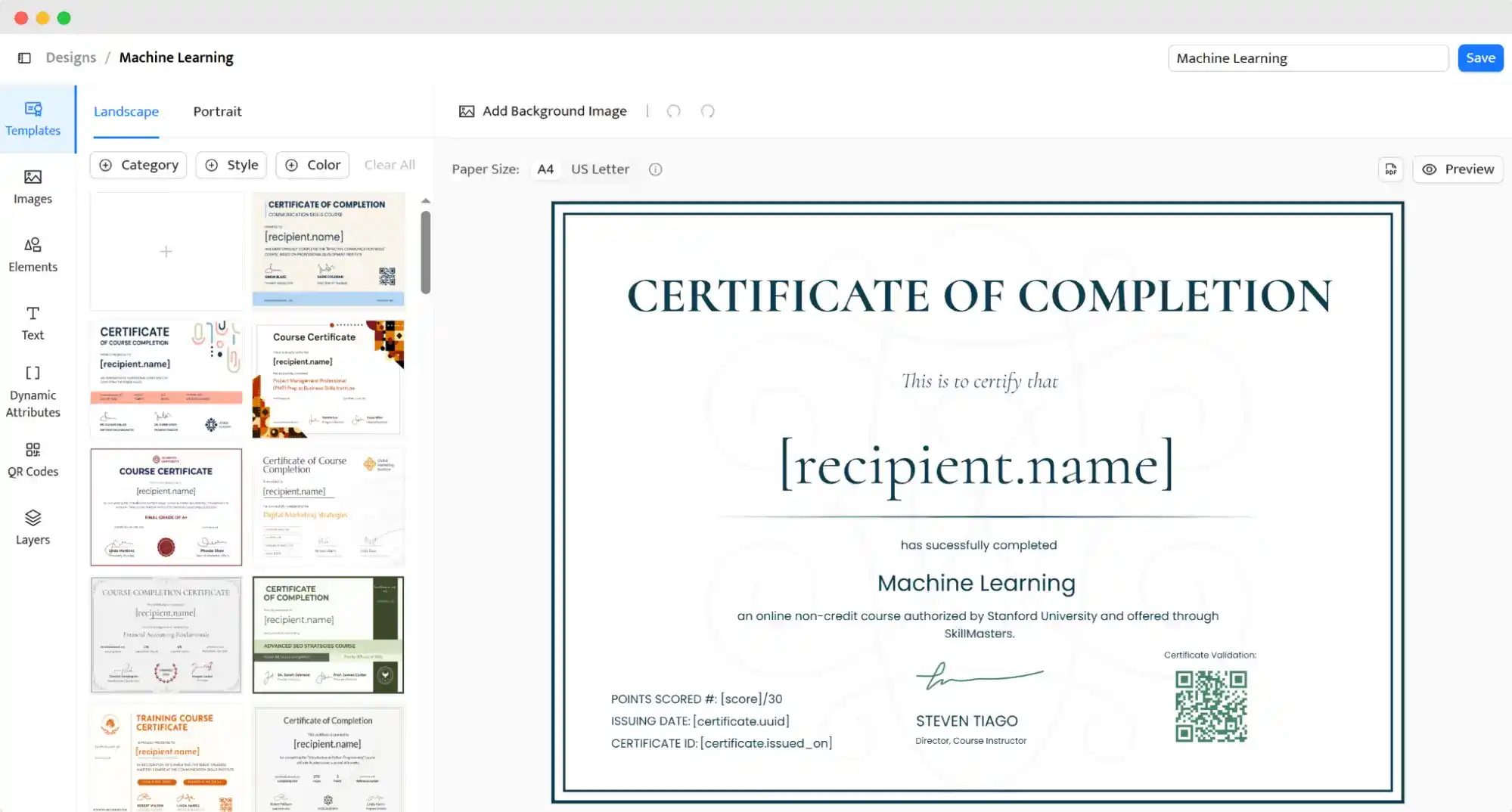 Certifier’s template editor displaying a Machine Learning course completion certificate, demonstrating how personalized credentials can enhance online course engagement.