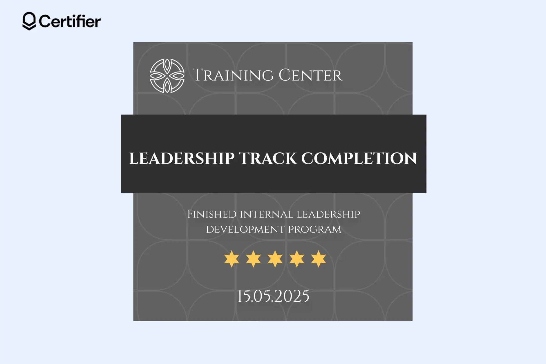 Digital badge design showcasing a Leadership Track Completion award created in Certifier for participants who finished a leadership development program. Digital badge design showcasing a Leadership Track Completion award created in Certifier for participants who finished a leadership development program.