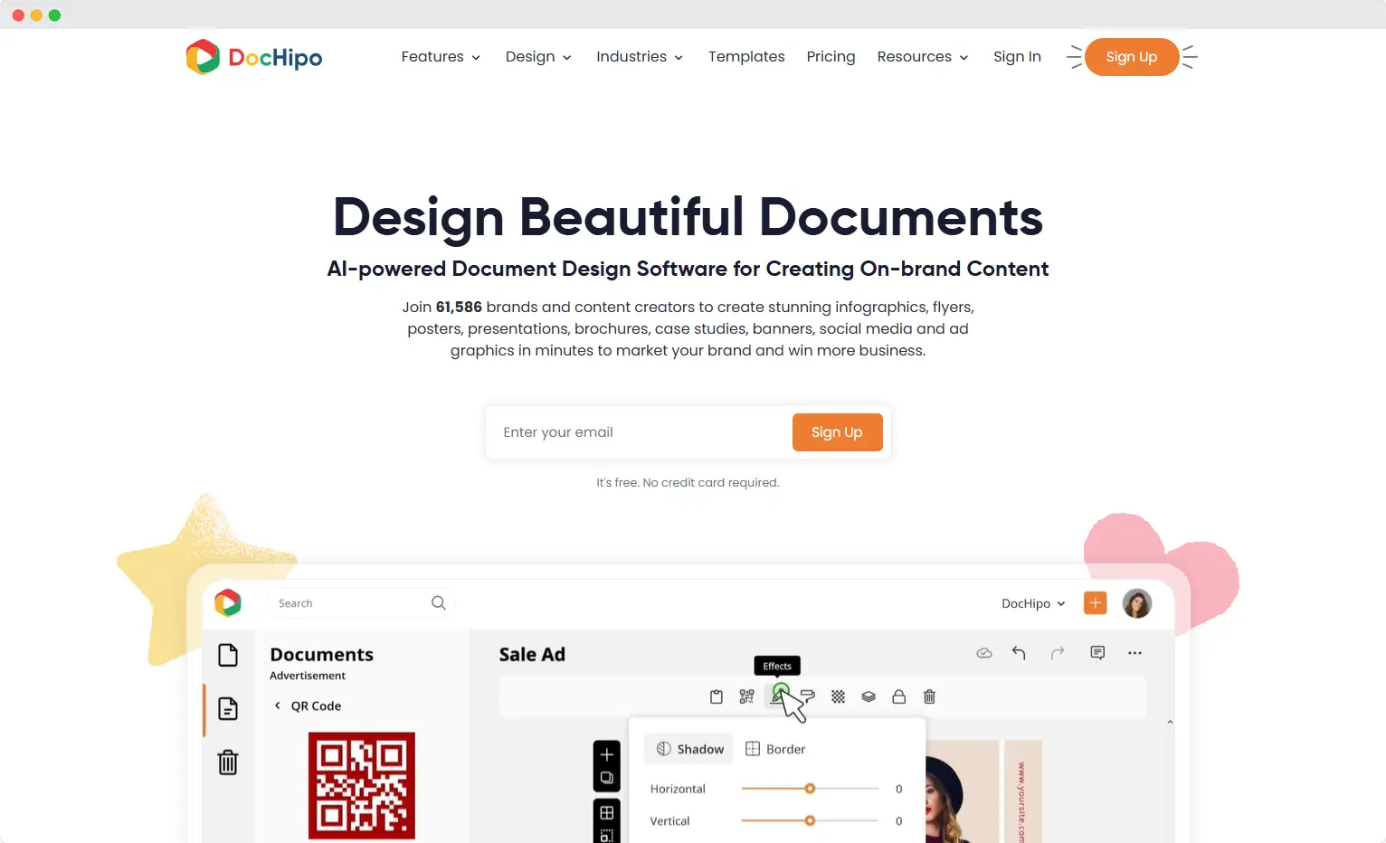 DocHipo homepage—showing an intuitive interface for creating social media, flyers and infographics.