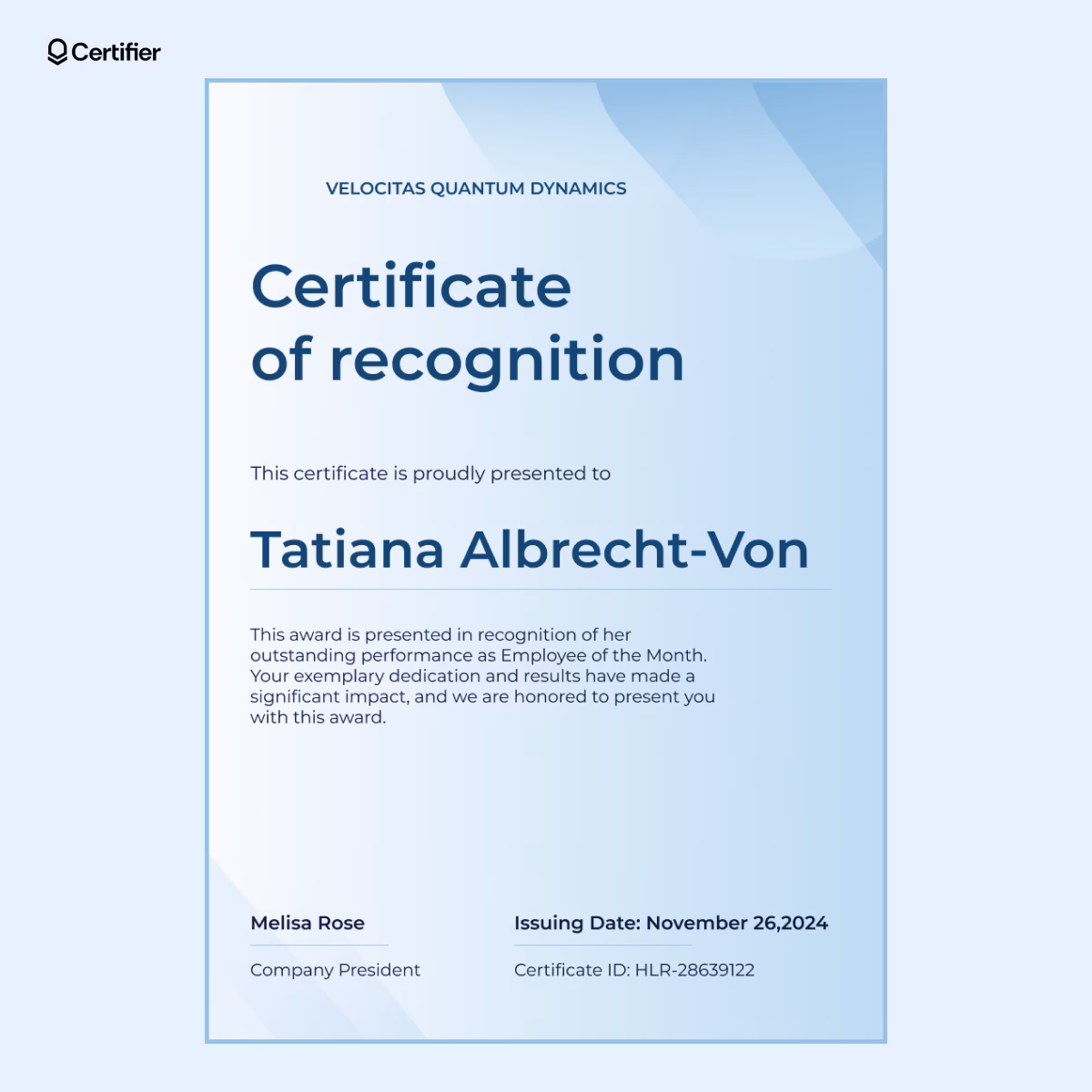 Blue simple certificate template with gradient background, modern typography and editable fields for recipient name, achievement and signatories. Blue simple certificate template with gradient background, modern typography and editable fields for recipient name, achievement and signatories.
