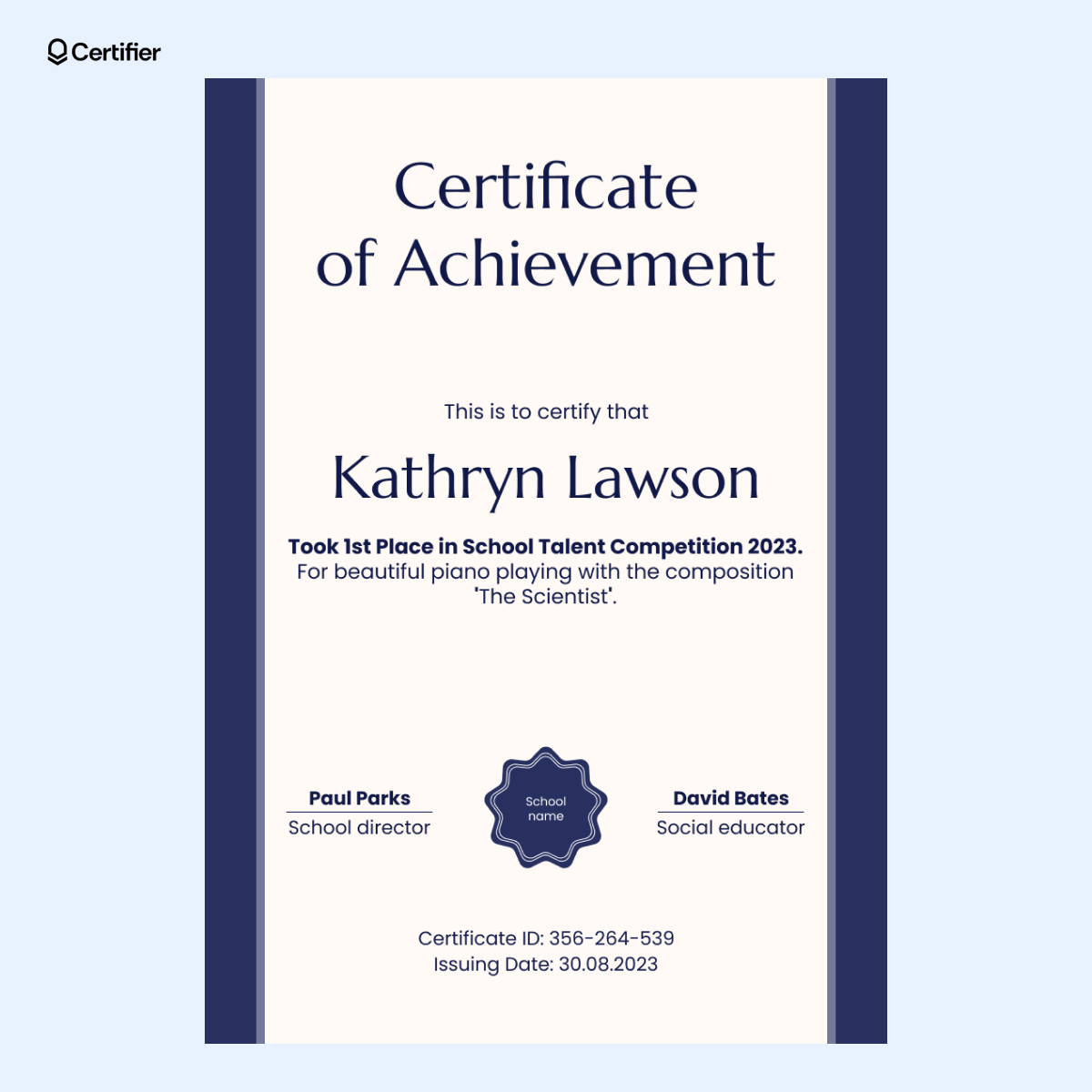 Vertical simple certificate template with navy side panels, centered typography and editable space for recipient name, award details and signatures. Vertical simple certificate template with navy side panels, centered typography and editable space for recipient name, award details and signatures.