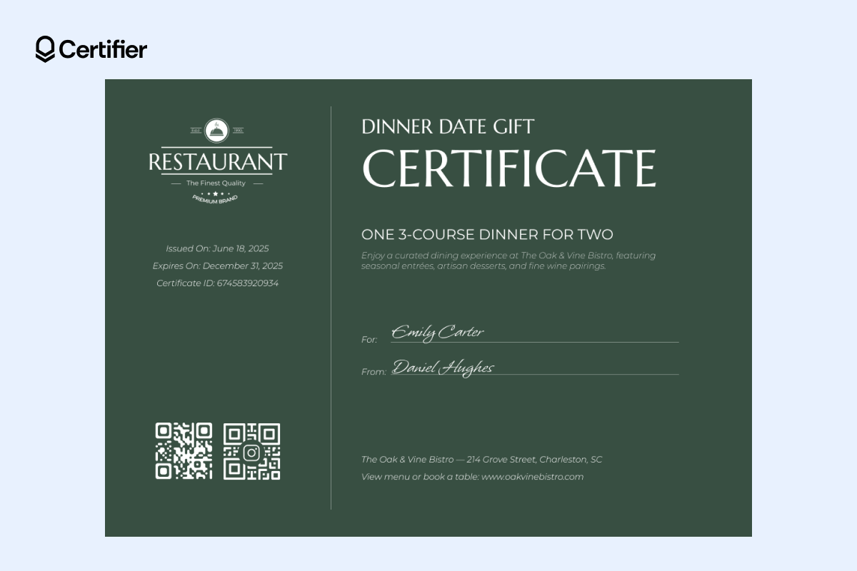 Dark green simple certificate template with elegant serif fonts, split layout and editable sections for recipient, issuer, offer details and expiration date. Dark green simple certificate template with elegant serif fonts, split layout and editable sections for recipient, issuer, offer details and expiration date.
