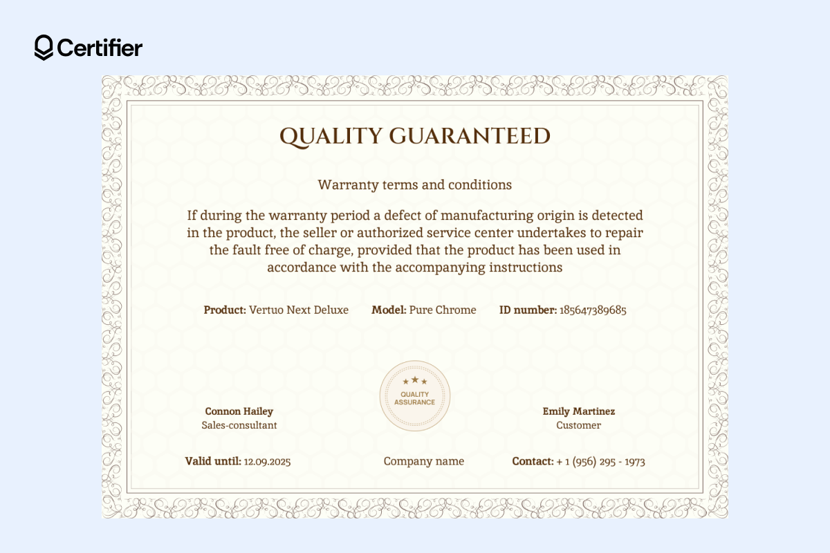 Light beige editable simple certificate template with ornate border, structured text layout and gold assurance emblem. Light beige editable simple certificate template with ornate border, structured text layout and gold assurance emblem.