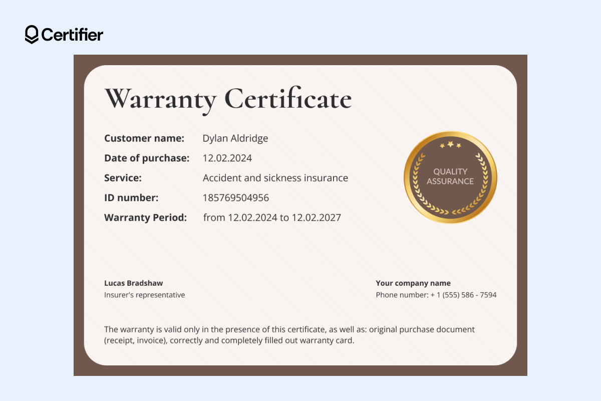 Beige warranty certificate with rounded brown border, gold seal and editable fields for customer and service details. Beige warranty certificate with rounded brown border, gold seal and editable fields for customer and service details.