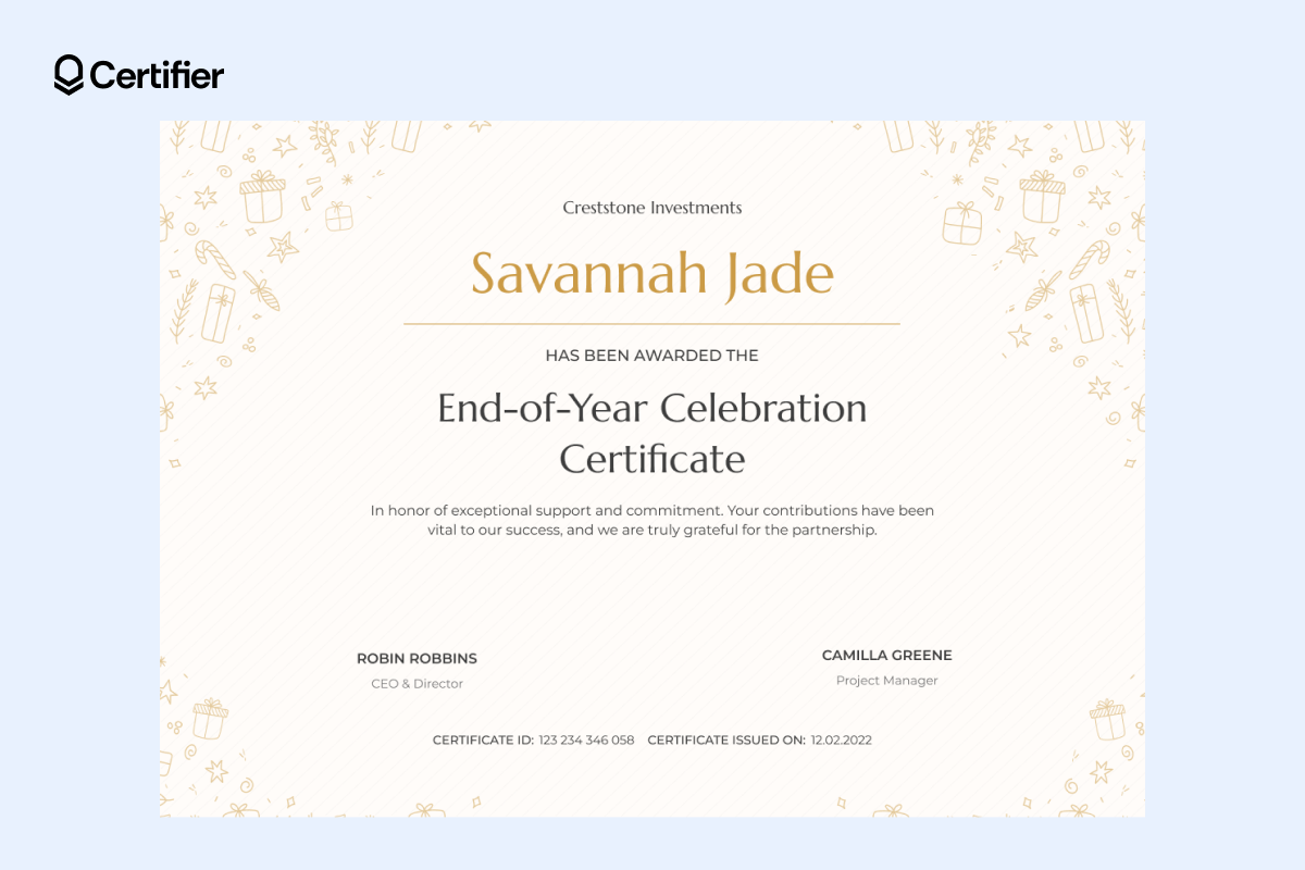 Simple certificate template with soft gold decorative icons, modern serif typography and editable fields for recipient name, event title and signatories. Simple certificate template with soft gold decorative icons, modern serif typography and editable fields for recipient name, event title and signatories.