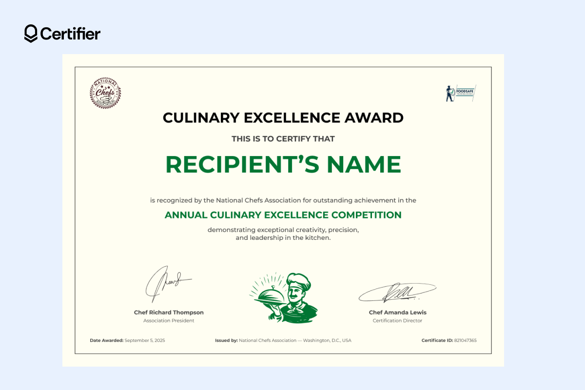 Simple award certificate template featuring bold green typography, signature fields and culinary-themed emblems for an instantly recognizable professional look. Simple award certificate template featuring bold green typography, signature fields and culinary-themed emblems for an instantly recognizable professional look.