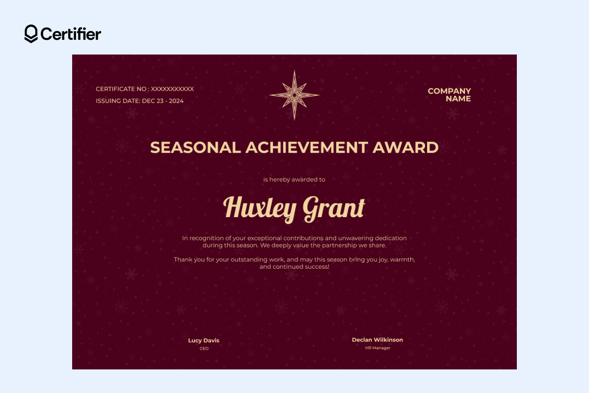 Maroon, simple certificate template with gold accents, centered text layout and editable sections. Maroon, simple certificate template with gold accents, centered text layout and editable sections.