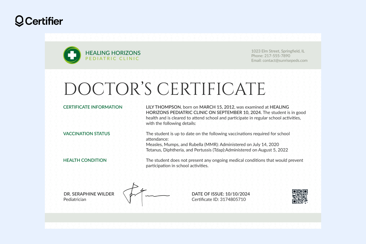 Gray simple certificate template with medical-style layout, clean headings and editable fields for name, examination date, condition details and signatures. Gray simple certificate template with medical-style layout, clean headings and editable fields for name, examination date, condition details and signatures.