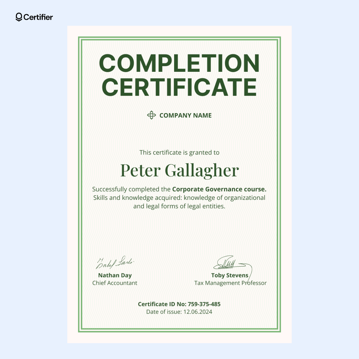 Green simple certificate template with clean borders, structured sections for participant details and a professional serif font for an authoritative finish. Green simple certificate template with clean borders, structured sections for participant details and a professional serif font for an authoritative finish.