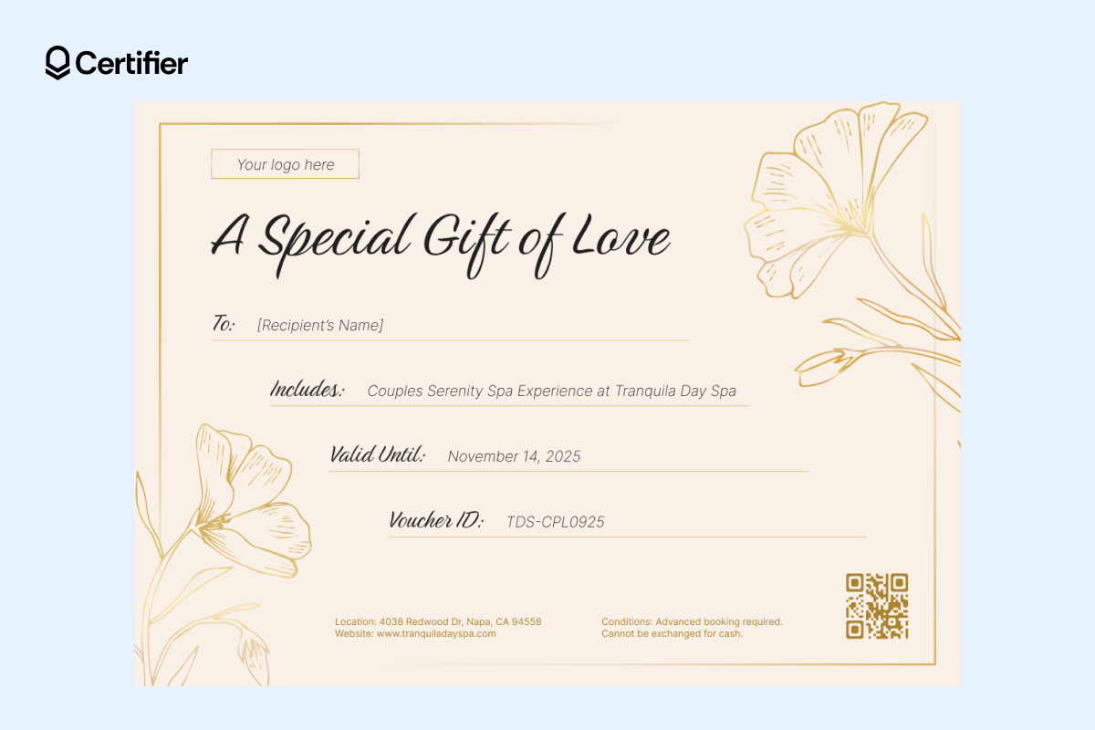 Beige simple certificate template with golden floral details, handwritten title and editable sections for recipient, service and expiration date. Beige simple certificate template with golden floral details, handwritten title and editable sections for recipient, service and expiration date.