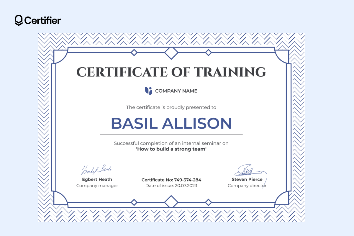 Blue simple certificate template with geometric border, centered headline and editable spaces for seminar name, recipient and signatures. Blue simple certificate template with geometric border, centered headline and editable spaces for seminar name, recipient and signatures.