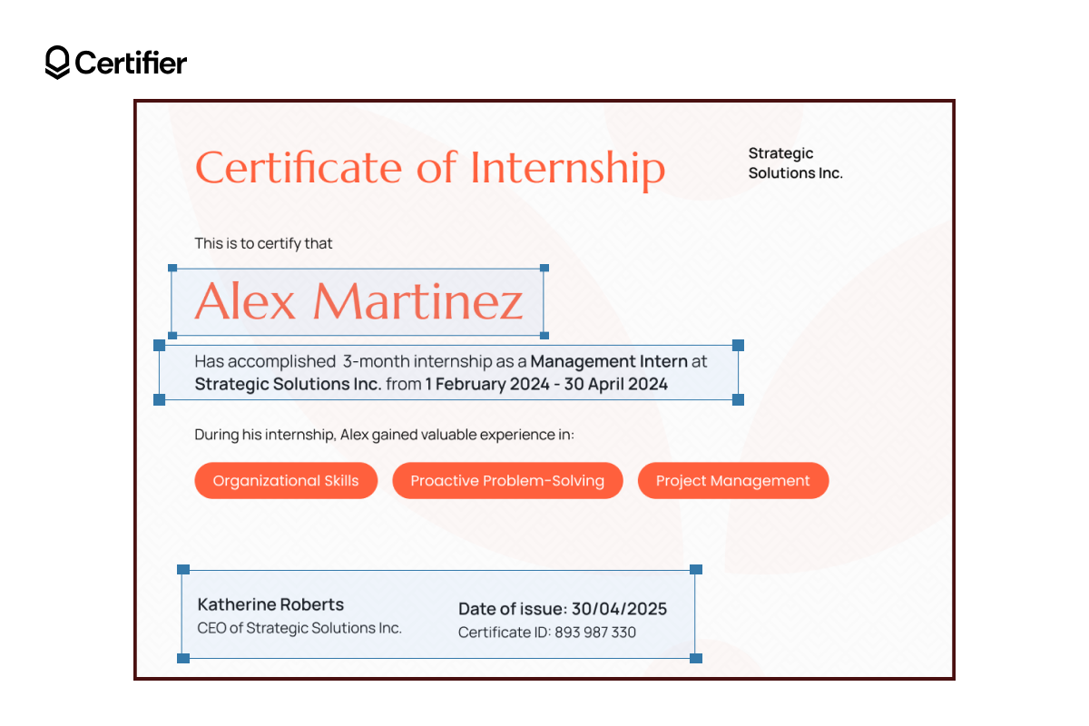 Customizable simple certificate of internship template with the dynamic fields that can be autopopulated upon issuance in Certifier highlighted Customizable simple certificate of internship template with the dynamic fields that can be autopopulated upon issuance in Certifier highlighted