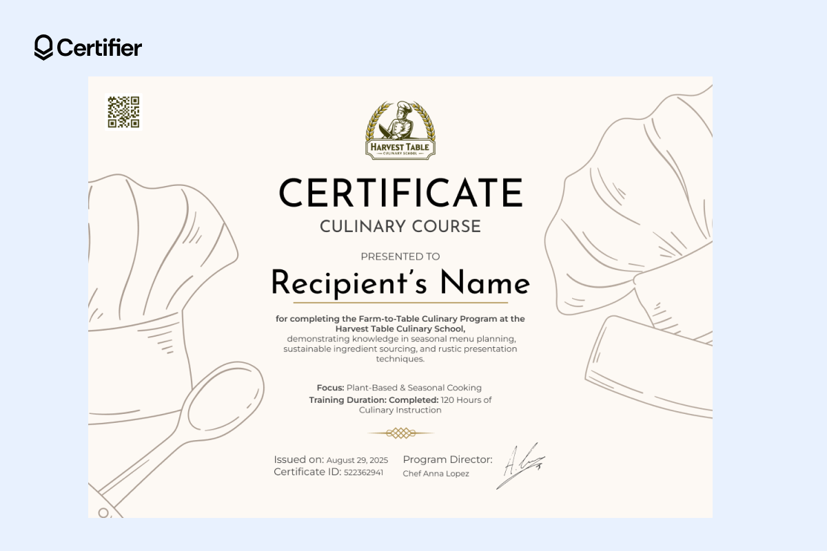 Simple certificate template with hand-drawn chef hat and spoon illustrations and editable fields for course name, recipient details. Simple certificate template with hand-drawn chef hat and spoon illustrations and editable fields for course name, recipient details.