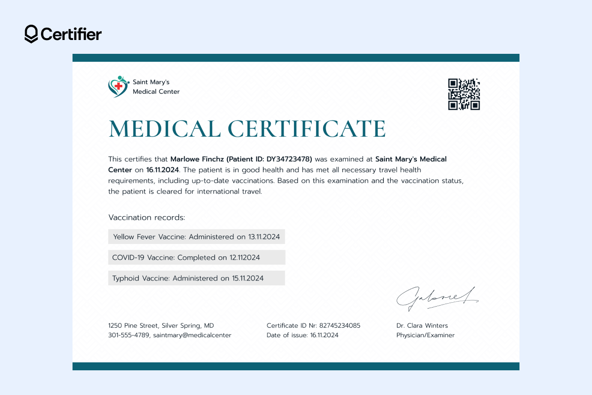 Simple medical certificate template with clean typography, structured layout and editable sections for patient details, doctor’s name, certification date and QR code. Simple medical certificate template with clean typography, structured layout and editable sections for patient details, doctor’s name, certification date and QR code.