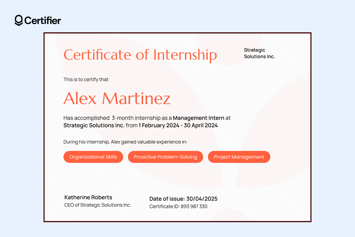 Orange simple certificate template with bold typography, structured layout and editable sections for recipient name, internship details and supervisor signatures. Orange simple certificate template with bold typography, structured layout and editable sections for recipient name, internship details and supervisor signatures.