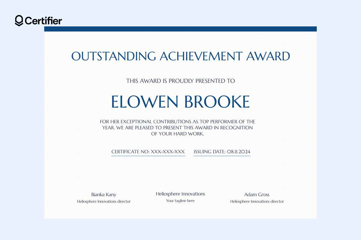 Blue simple certificate template with patterned background, refined typography and editable fields for award details, signatures and issue date. Blue simple certificate template with patterned background, refined typography and editable fields for award details, signatures and issue date.