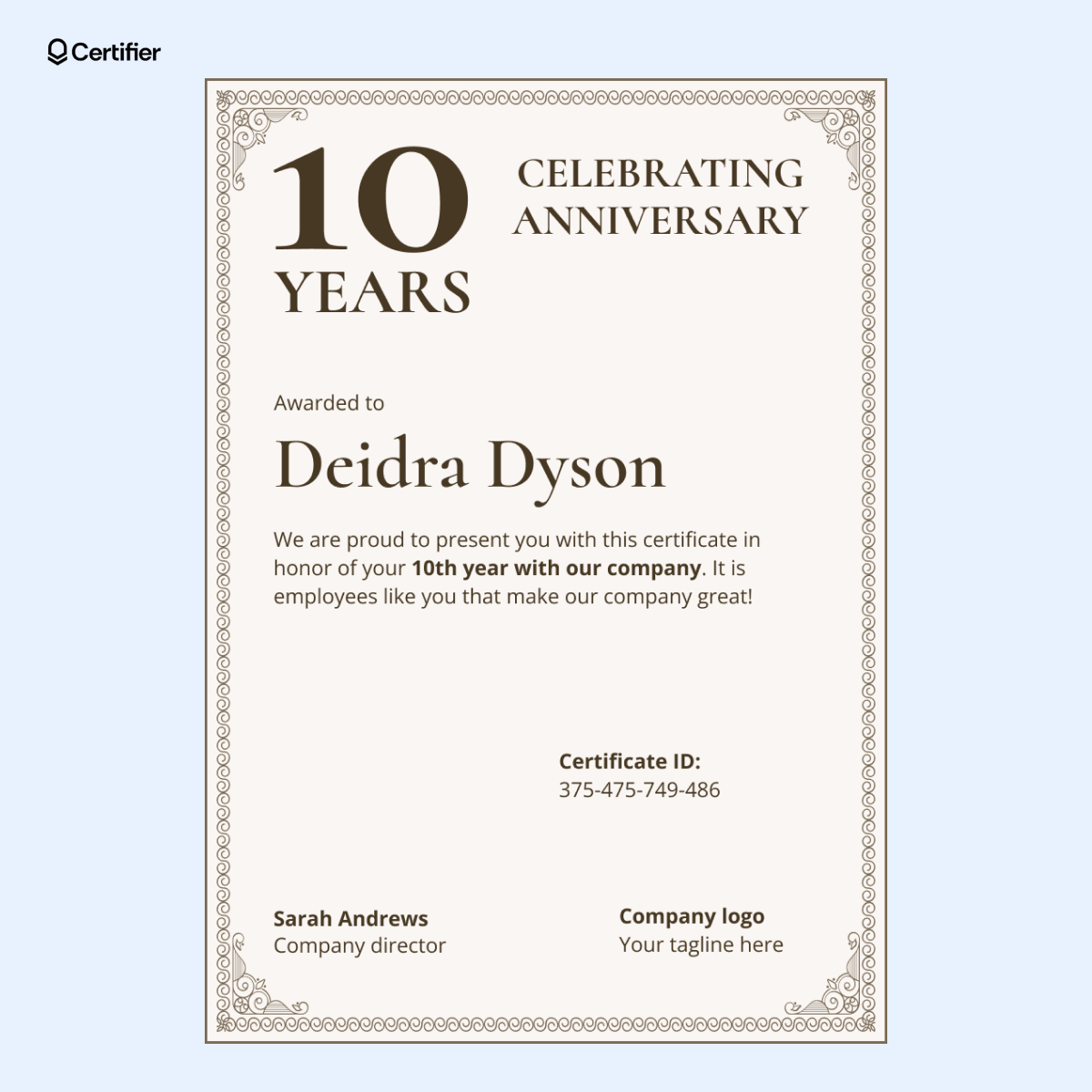 Light beige simple certificate template with classic border, elegant serif typography and editable fields for recipient name, milestone and company details. Light beige simple certificate template with classic border, elegant serif typography and editable fields for recipient name, milestone and company details.