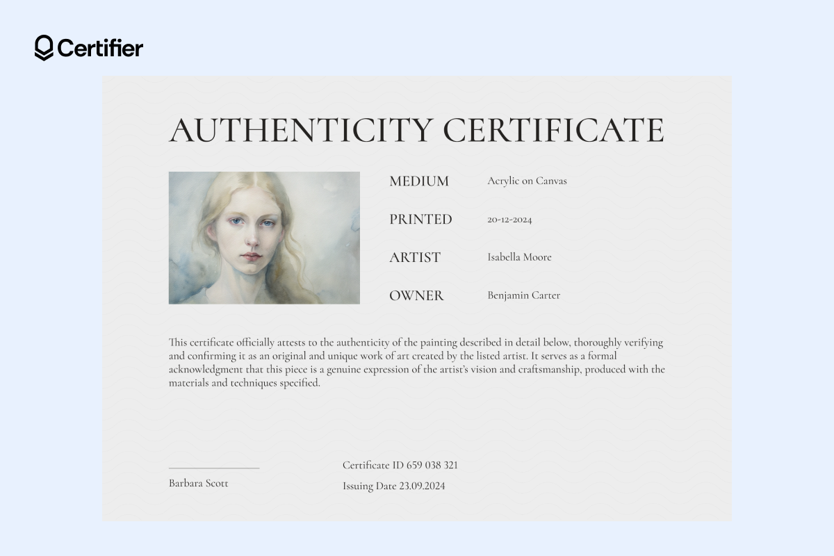 Formal certificate of authenticity template with light gray background, minimalist layout and editable fields for artist or owner.