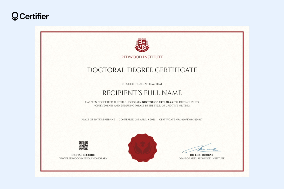 Doctoral degree certificate template featuring a refined ivory background, maroon frame, serif typography and a central crest emblem.