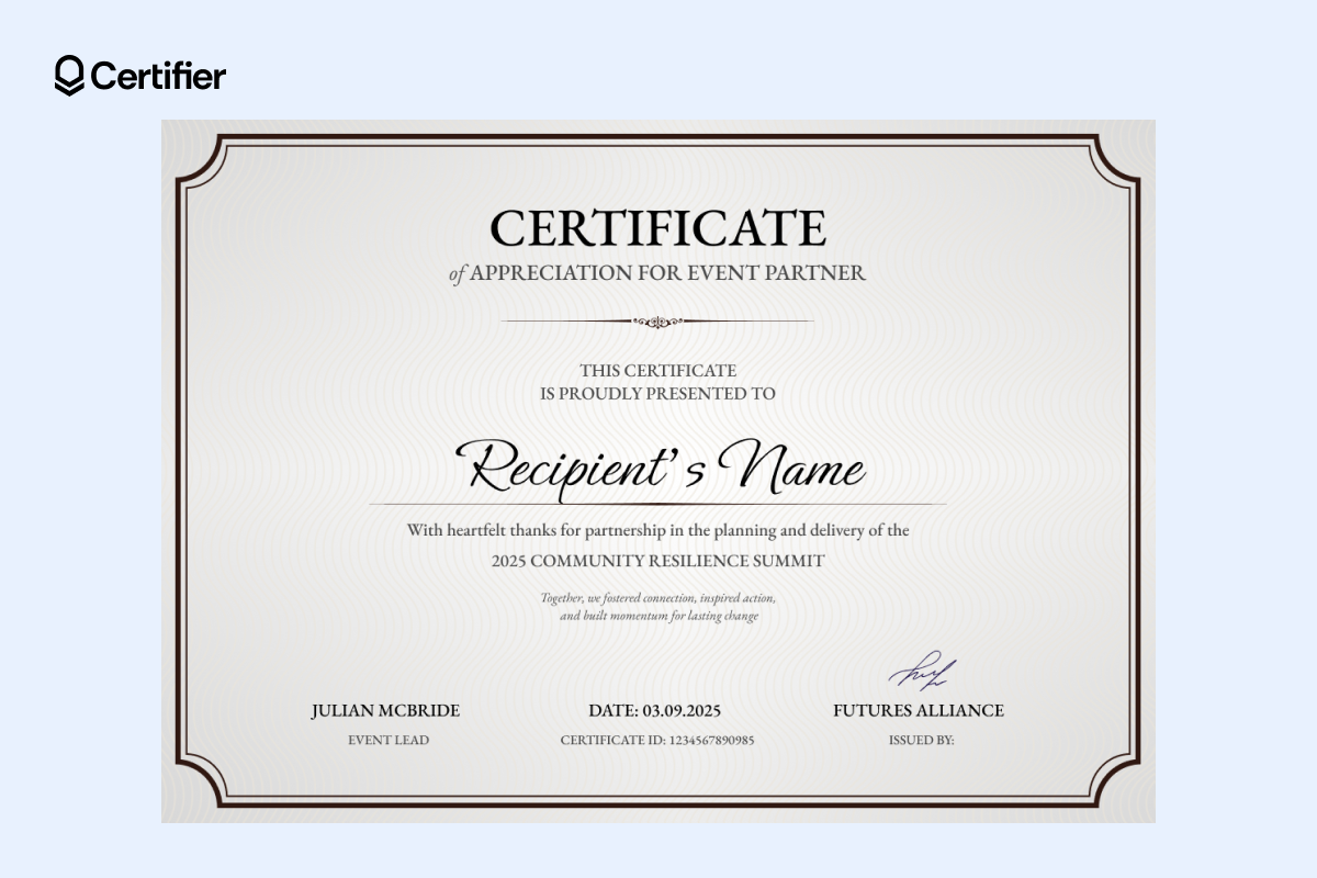 Formal certificate of appreciation template with beige background, brown border, recipient name and signature fields for professional recognition.