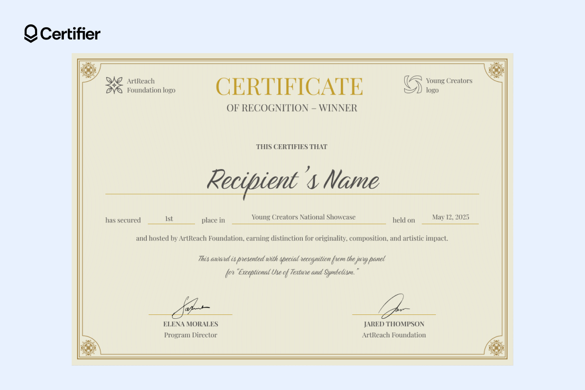 Formal certificate of recognition template with gold border, classic layout and editable sections for recipient name, award title and signatures.