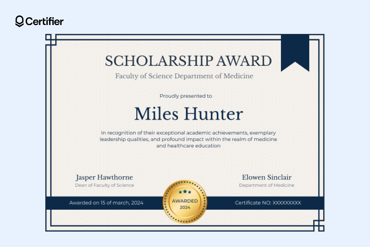 Scholarship award formal certificate template with navy border, gold seal and editable layout for academic and institutional use.