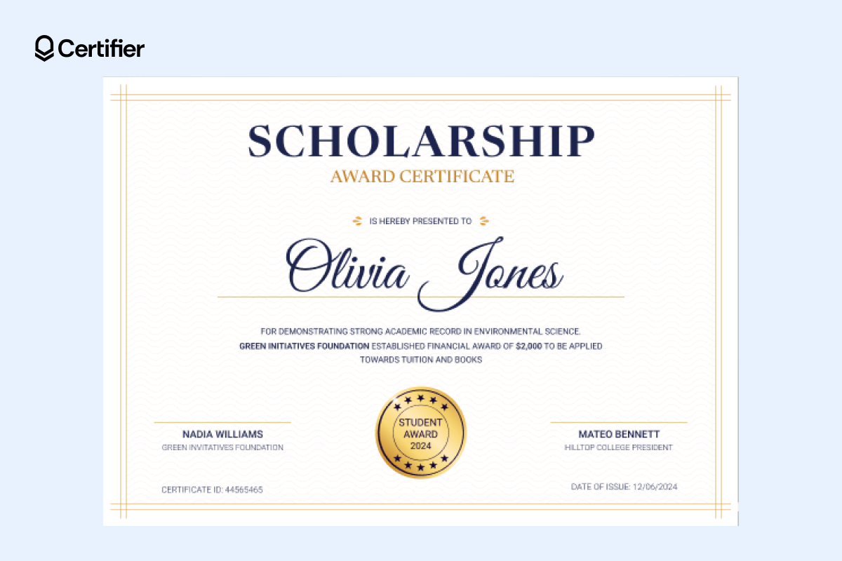 Formal award certificate template with navy text, gold frame and structured sections for recipient name, award title and verification details.