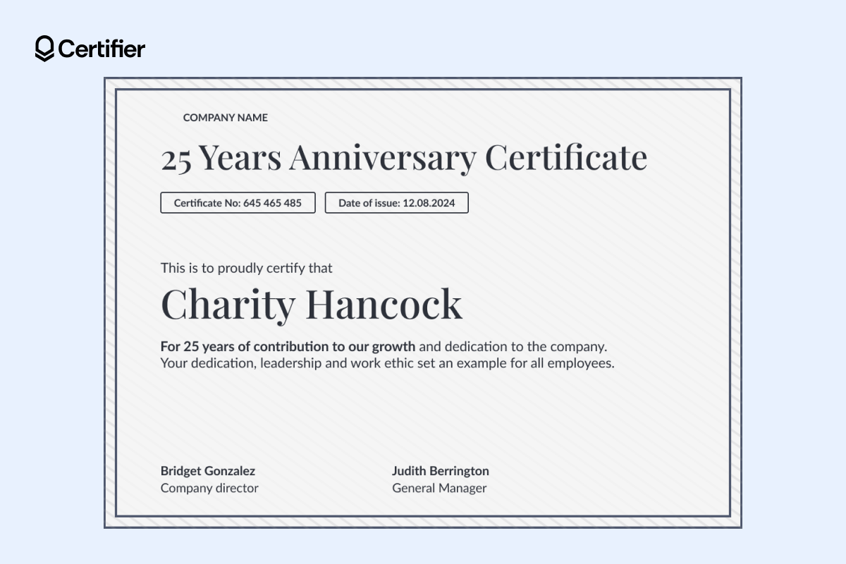 Formal certificate template with white background, double border, editable fields for issue date, certificate number and recipient details.