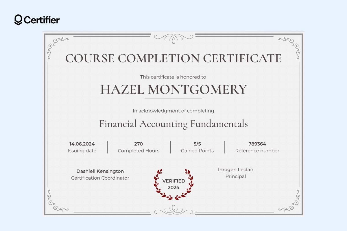 Formal certificate of completion template with minimalist color scheme and detailed layout for tracking course results.
