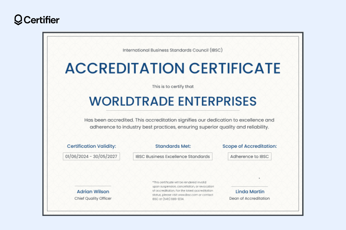 Formal certificate template with spacious layout, navy accents and dedicated sections for validity, standards and scope of accreditation.