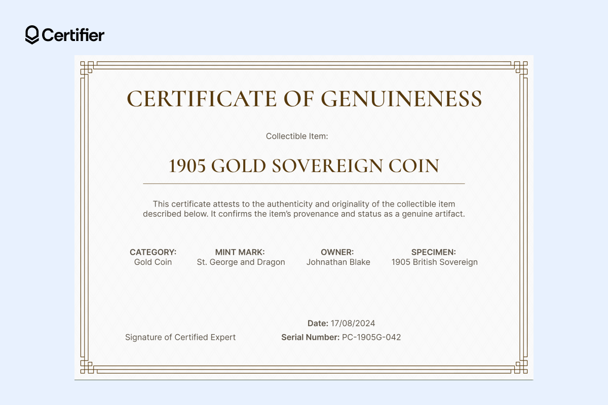 Formal certificate of genuineness template with gold geometric frame and structured fields for collectible verification details.
