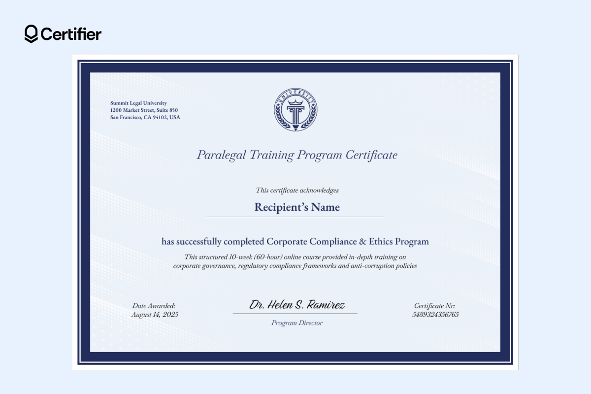Formal paralegal training certificate template with light blue background, navy border and structured layout for legal programs.
