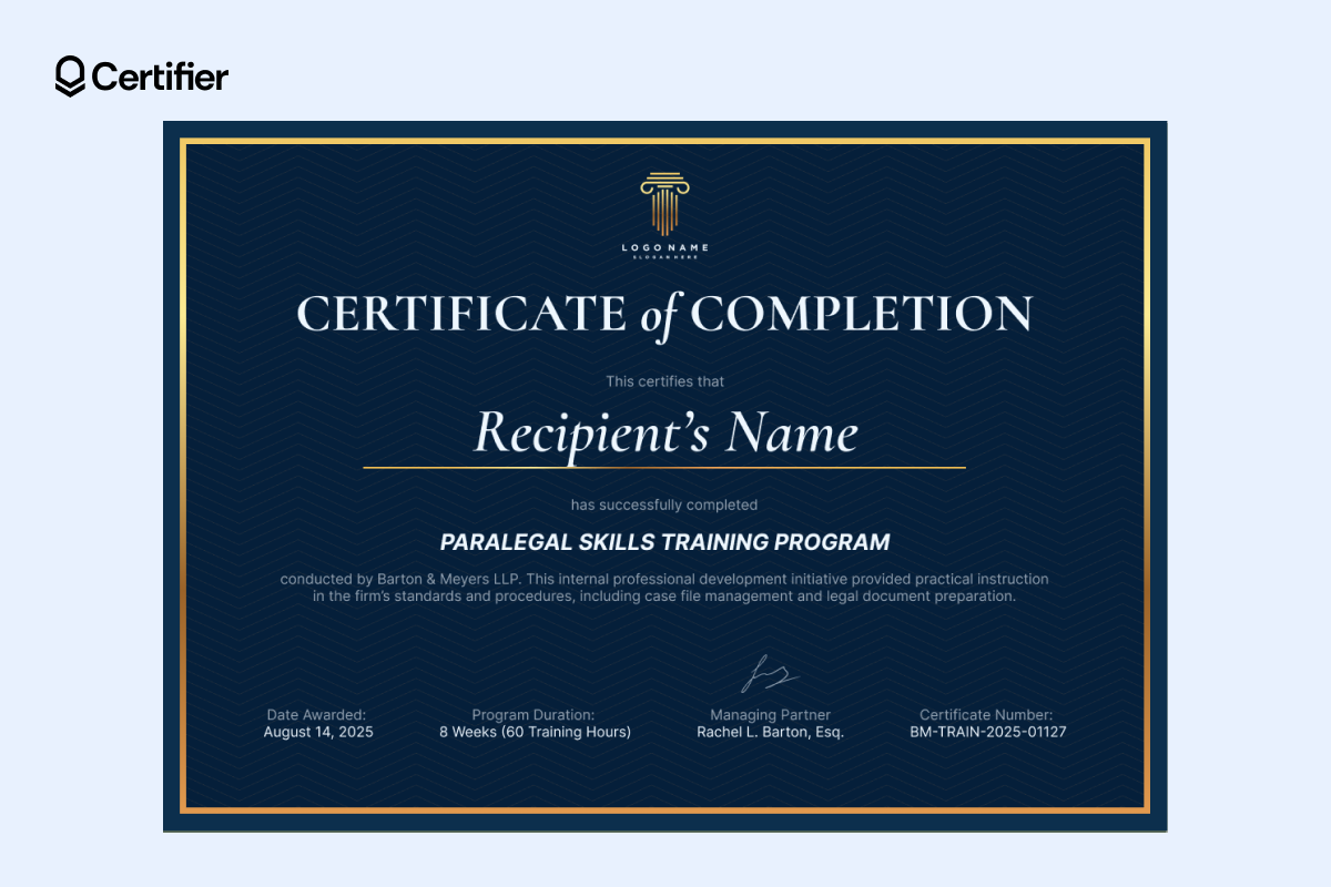 Formal certificate of training completion template with dark navy background, gold outline and professional layout for advanced programs.