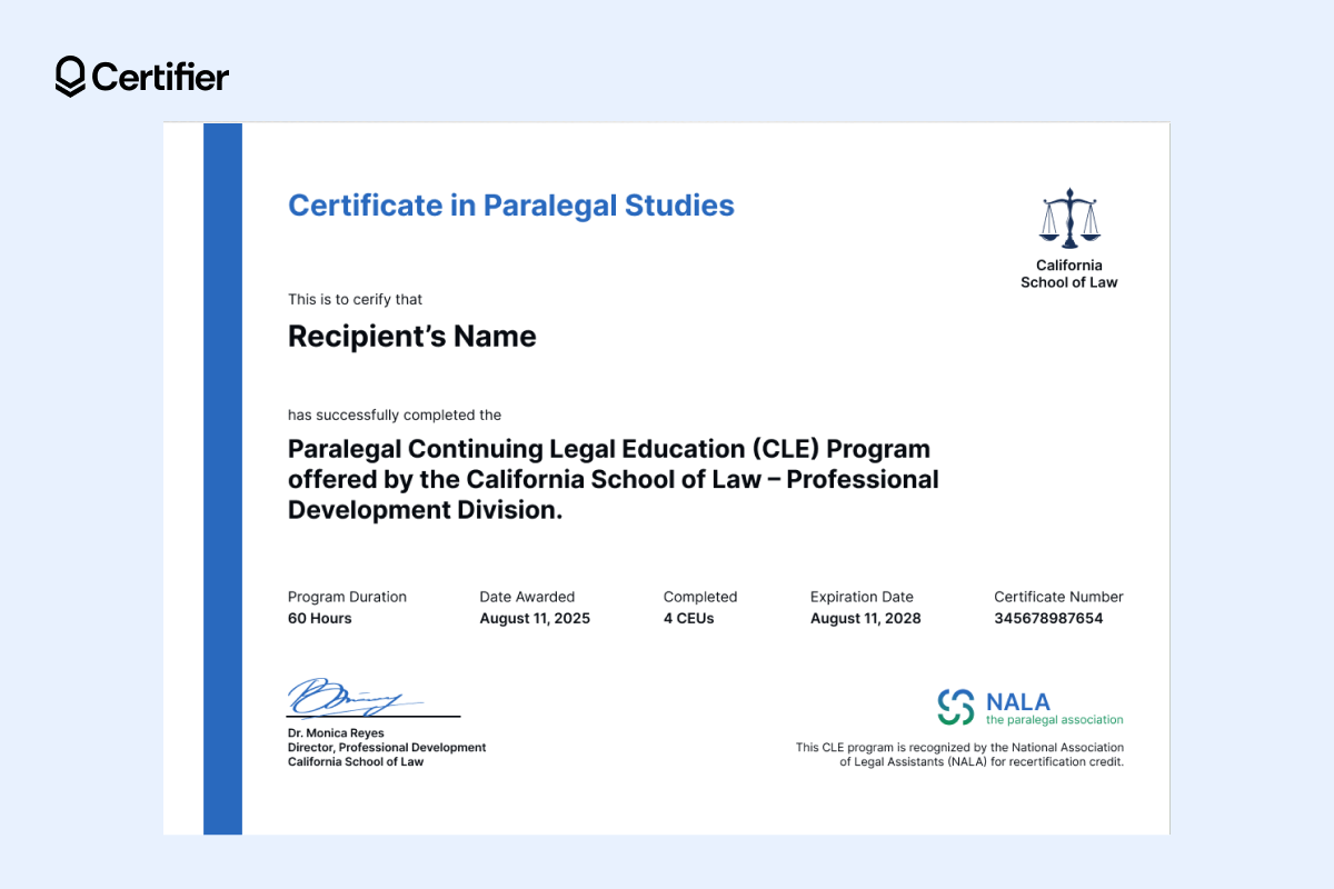 Formal certificate template with white background, blue vertical bar and structured layout for legal or professional certification programs.