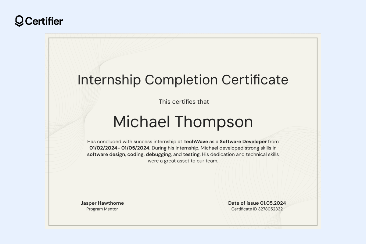 Simple formal certificate template with light beige background, minimalist border and structured layout.