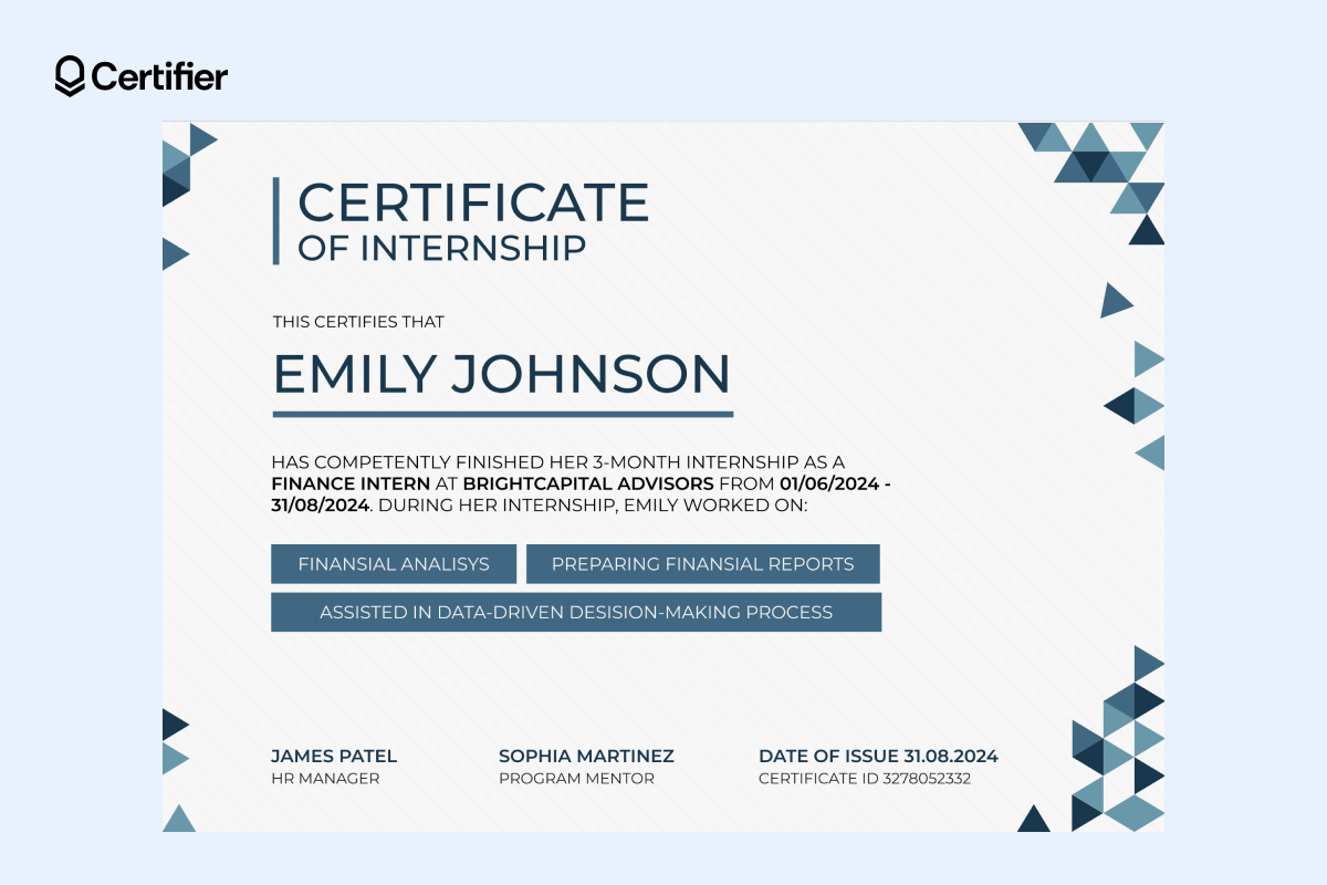 Creative formal certificate template with geometric blue accents, bold typography and structured layout for professional internship.