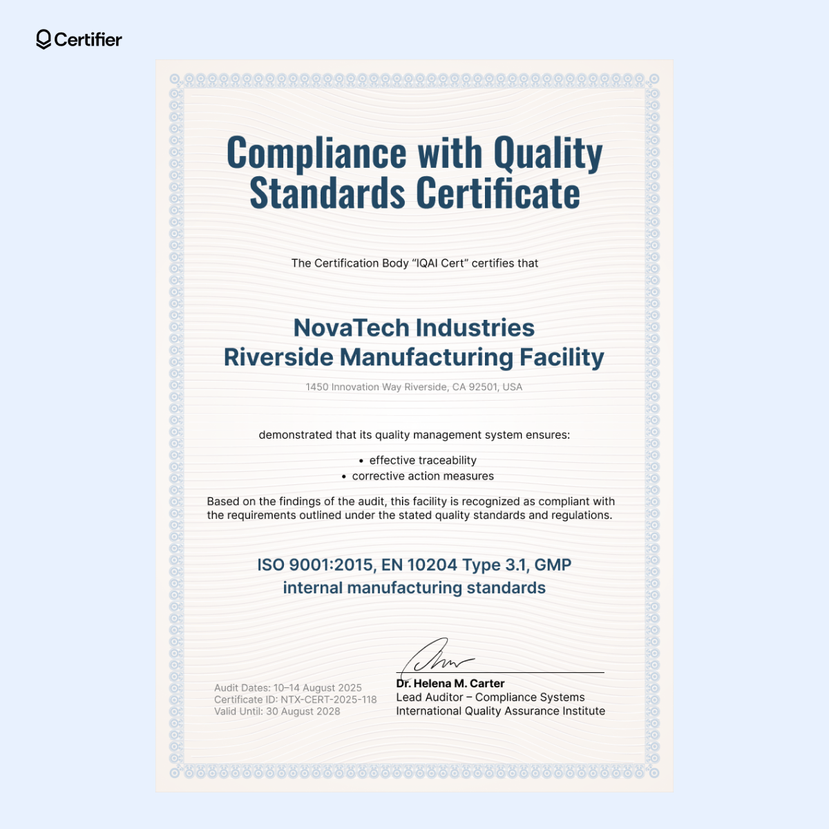 Formal certificate of quality standards with blue wave border, structured text layout and space for audit details.