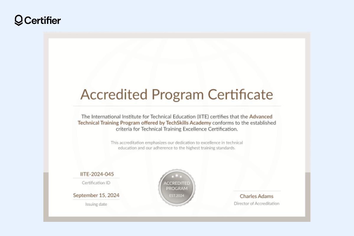 White formal certificate template with neutral beige tones, subtle gradient border and space for accreditation details.