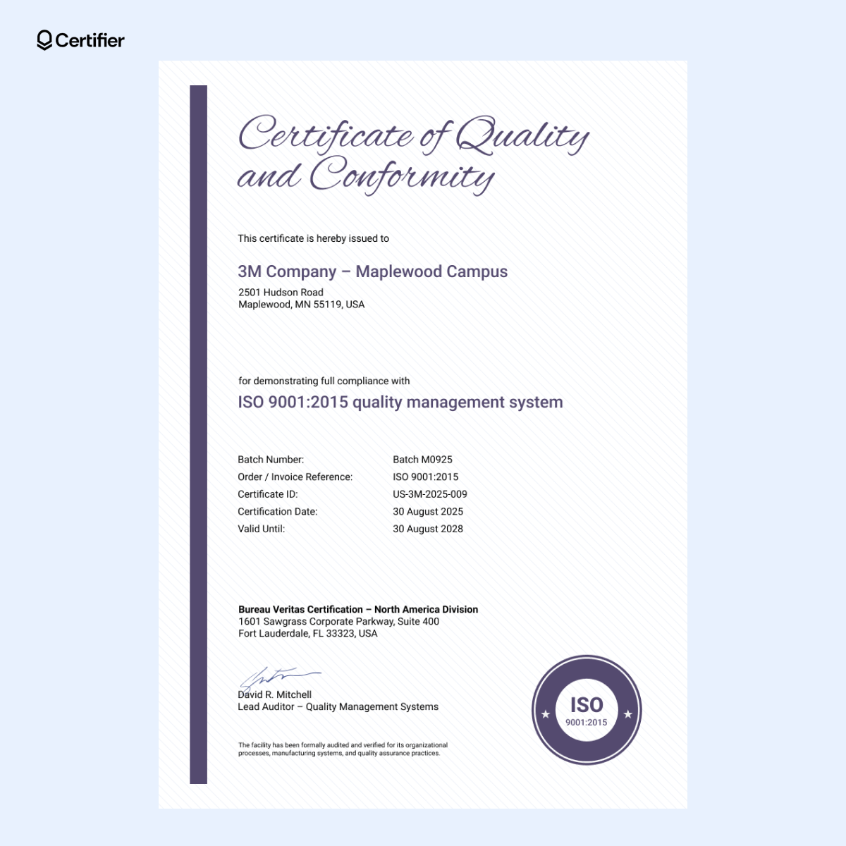 Formal certificate of conformity template with light striped background, elegant typography and space for ISO compliance verification.