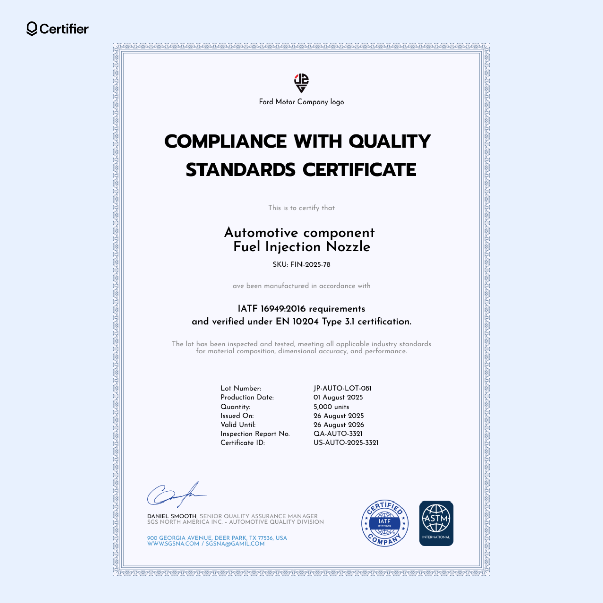 Blue-accented formal compliance certificate with structured audit details and clear technical layout.