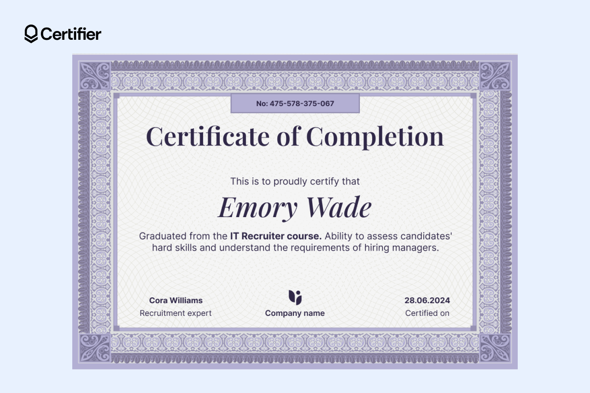 Purple formal certificate template with elegant patterned border, centered completion title, recipient name and signature fields.
