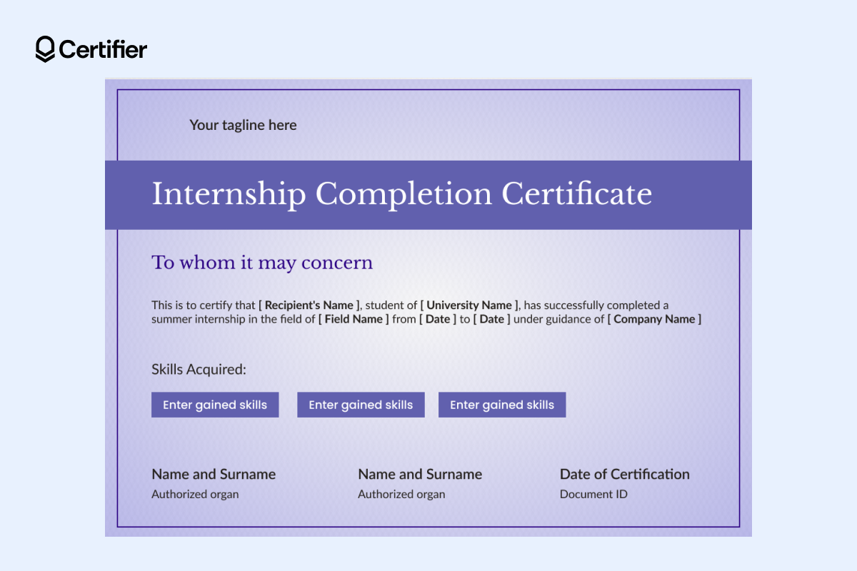 Formal certificate of internship template in lavender and violet tones with editable fields for skills, organization names and certification details.