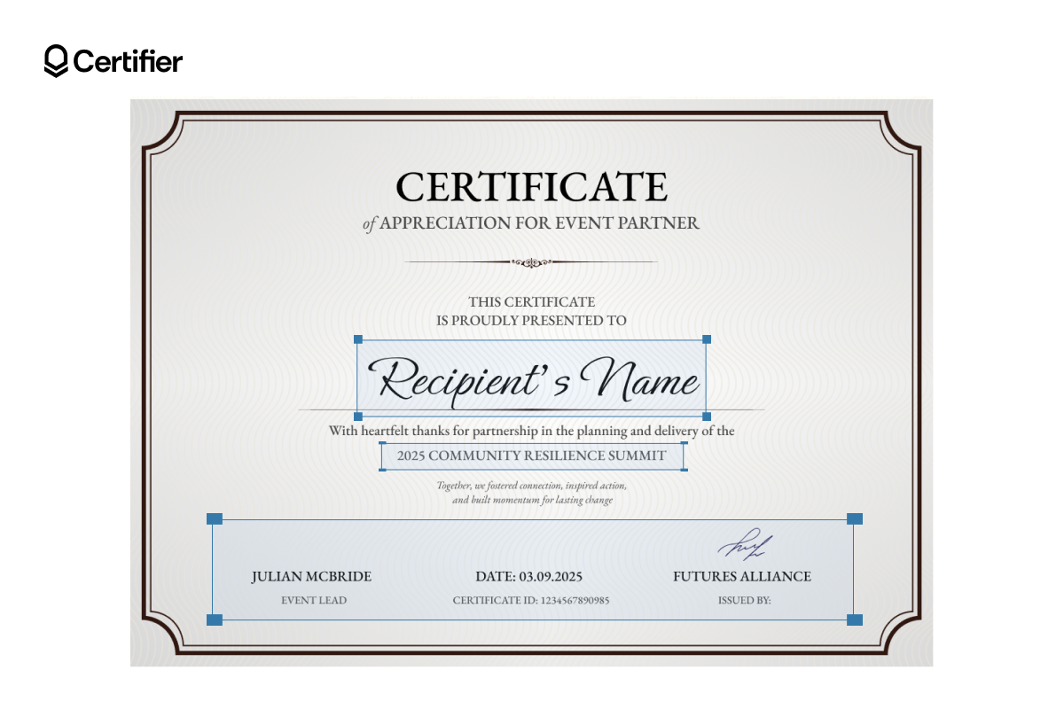 Beige formal certificate template, with highlighted dynamic field for name, course name, signature.
