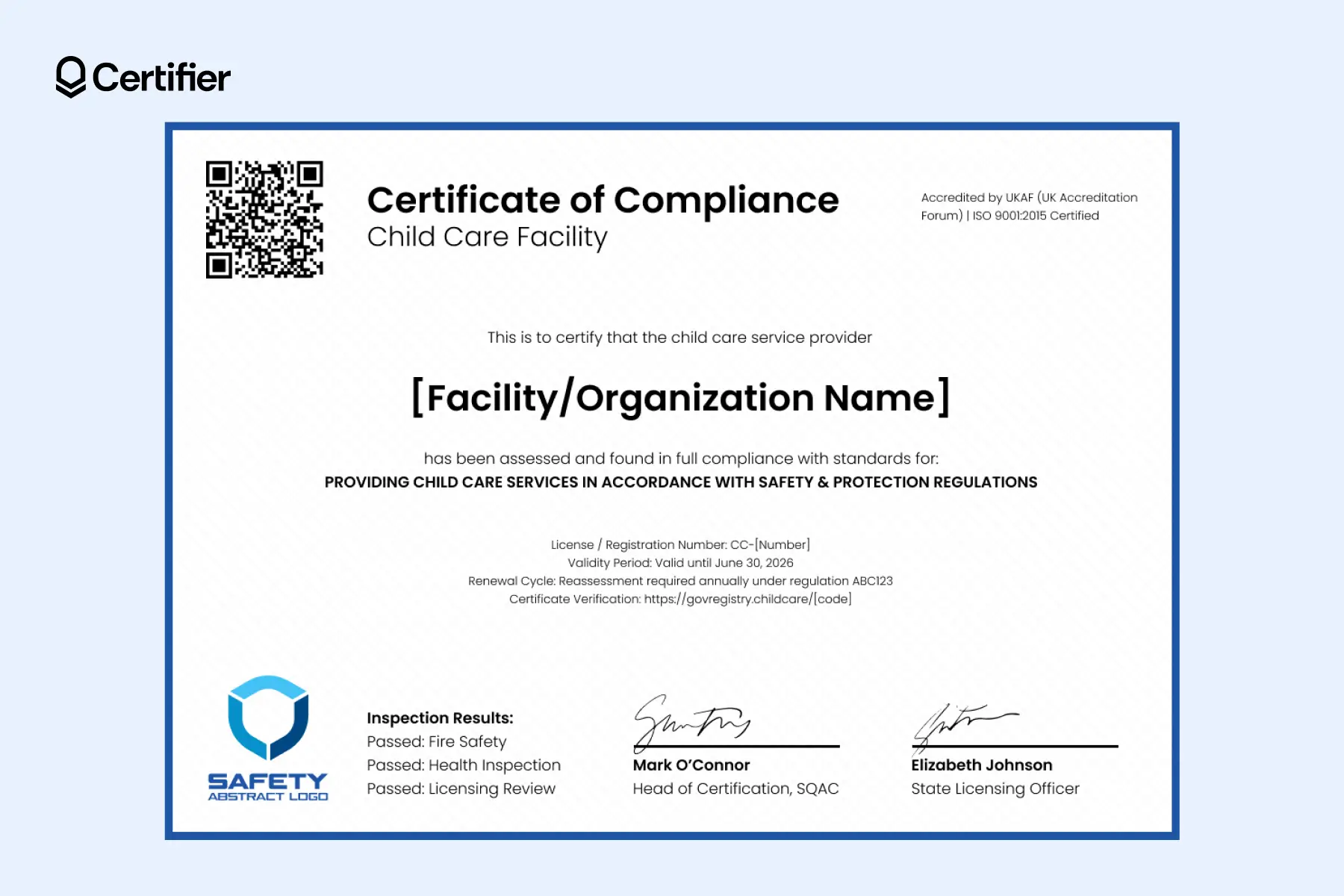 Childcare certification templates with QR verification and two official signatures. Childcare certification templates with QR verification and two official signatures.
