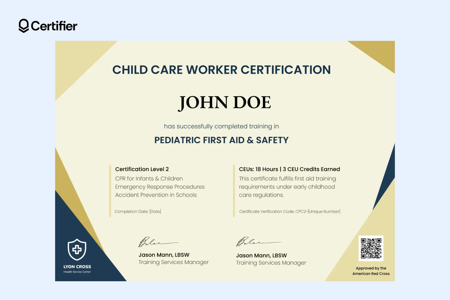 Child care worker certification template in beige tones with QR code and two-column layout. Child care worker certification template in beige tones with QR code and two-column layout.