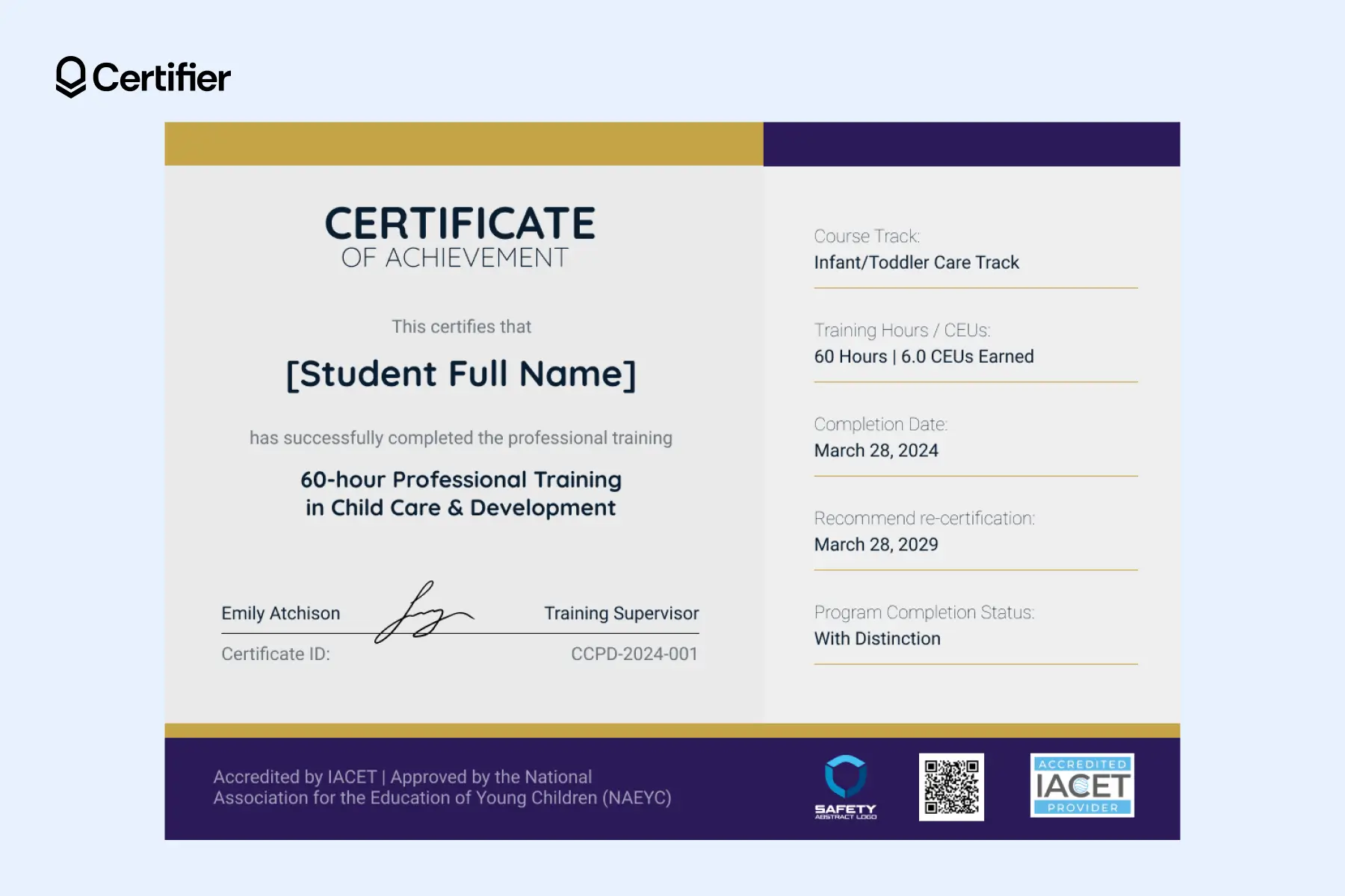Child care training certificate template with side panel, accreditation and IACET logo. Child care training certificate template with side panel, accreditation and IACET logo.