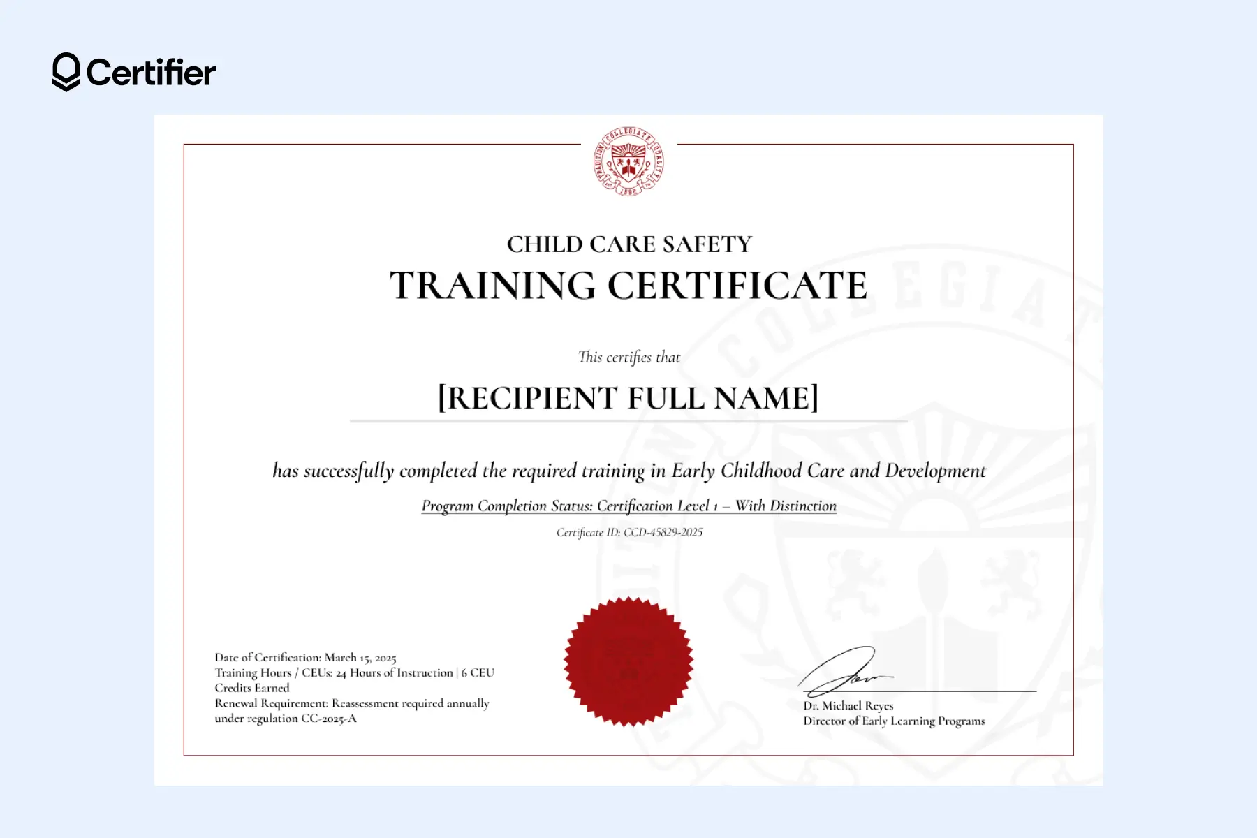 Child care gift certificate template free to use, ready for bulk certificate issuance childcare; features red seal, regulatory data and formal layout. Child care gift certificate template free to use, ready for bulk certificate issuance childcare; features red seal, regulatory data and formal layout.