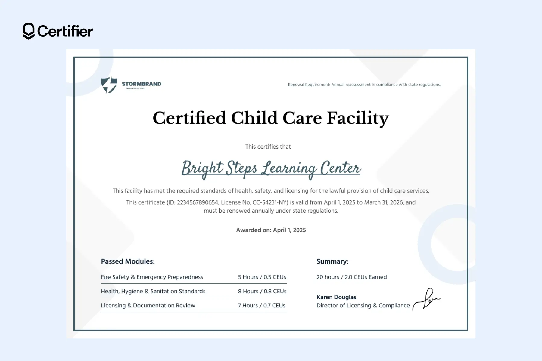 Certified child care facility certificate template with detailed module summary and cursive recipient name. Certified child care facility certificate template with detailed module summary and cursive recipient name.