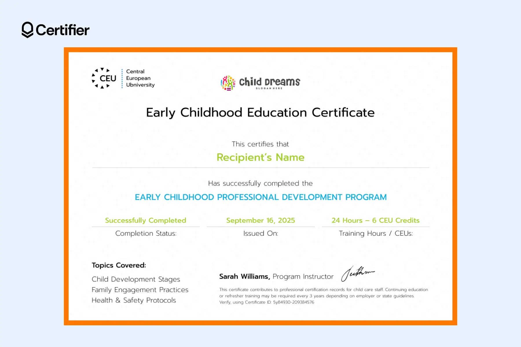 Early childhood education certificate template with bright colors and professional program layout. Early childhood education certificate template with bright colors and professional program layout.